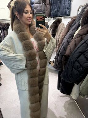 Long Cream Knit Coat with Brown Fur Trim